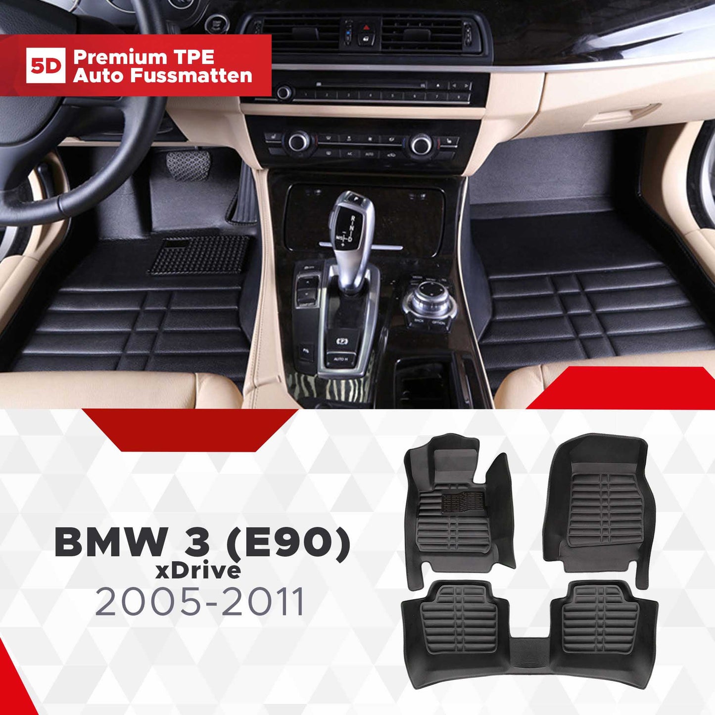 5D Premium Auto Fussmatten TPE Set passend für BMW 3 (E90) xDrive Baujahr 2005-2011