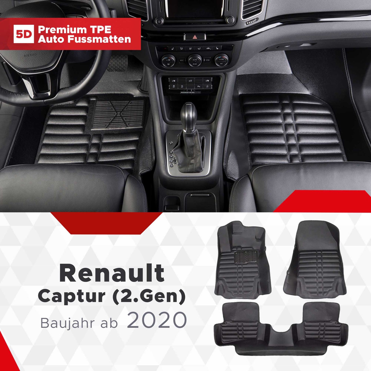 5D Premium Auto Fussmatten TPE Set passend für Renault Captur (2.Gen) Hybrid Baujahr ab 2020