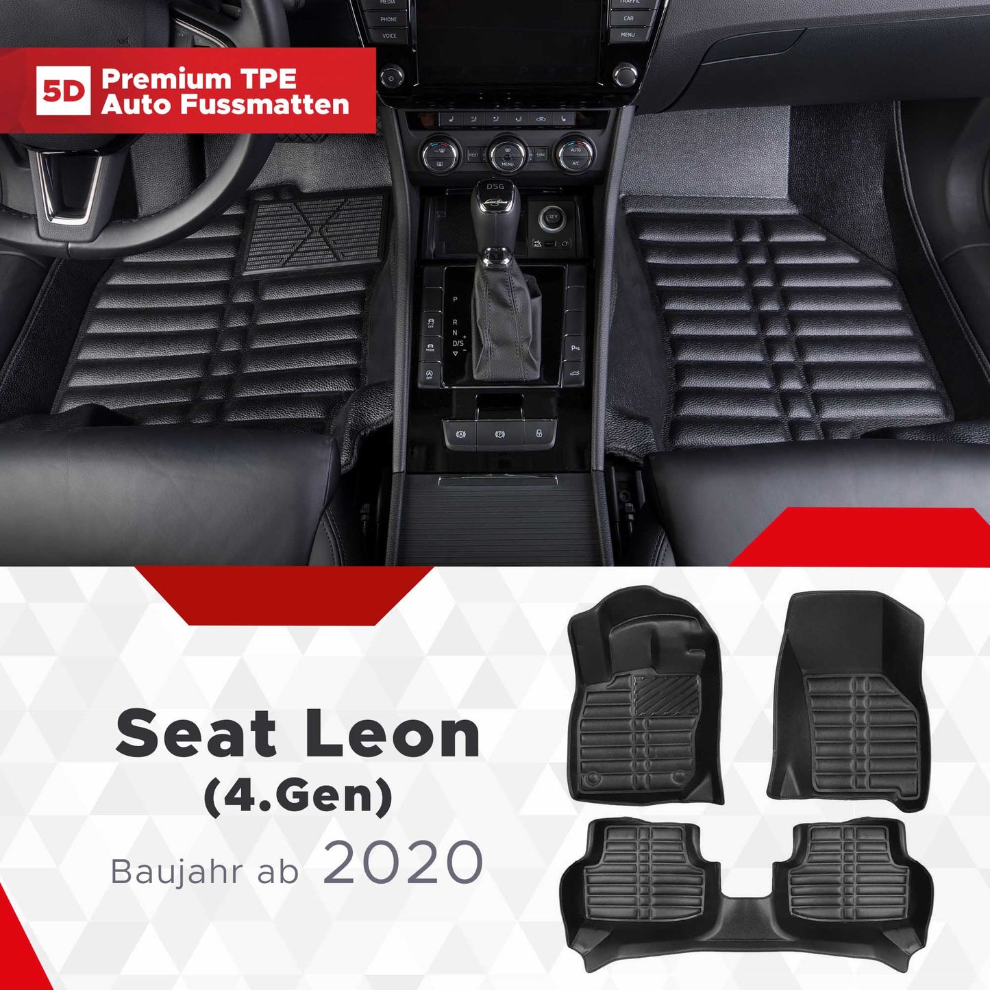 5D Premium Auto Fussmatten TPE Set passend für Seat Leon (4.Gen) Baujahr ab 2020