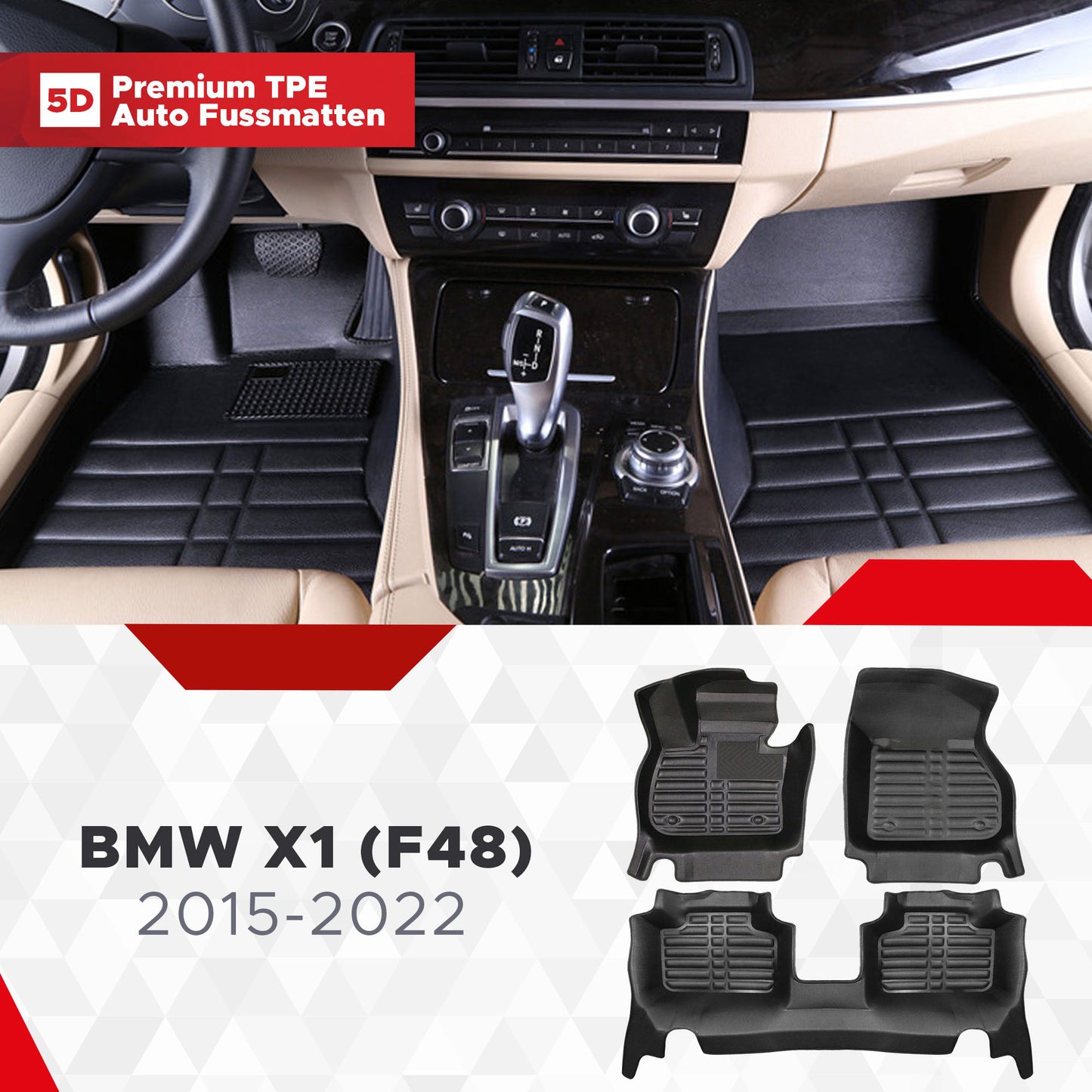 5D Premium Auto Fussmatten TPE Set passend für BMW X1 (F48) Baujahr 2015-2022